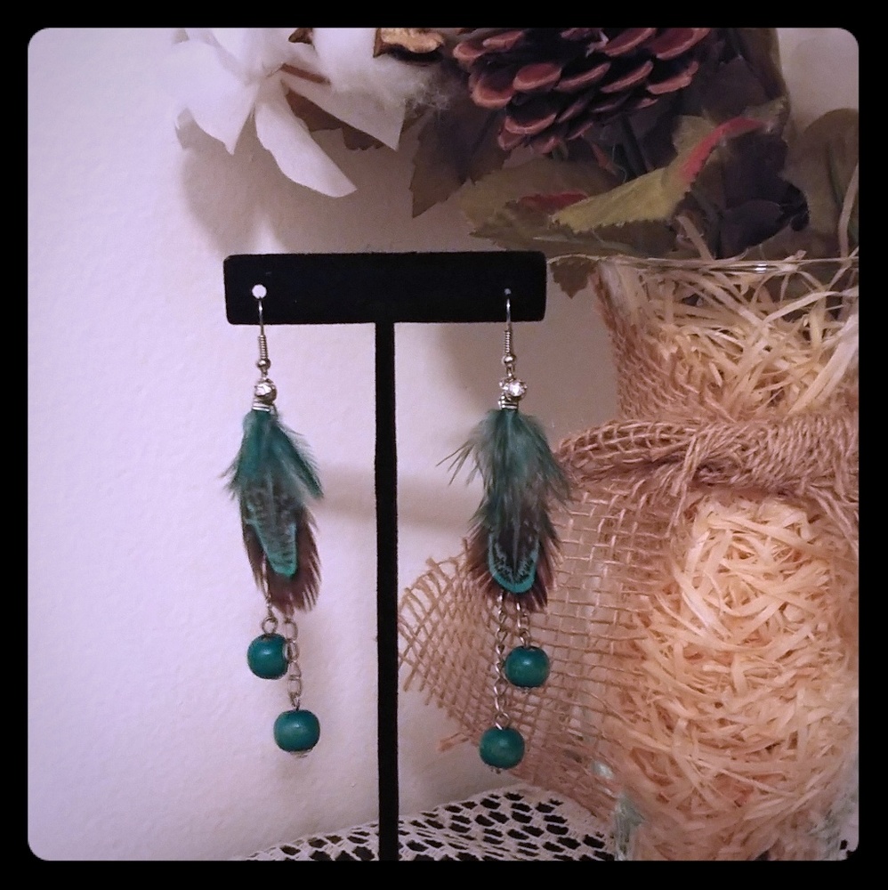 Cute Boho Bohemian Blue Feather Dangle Earrings